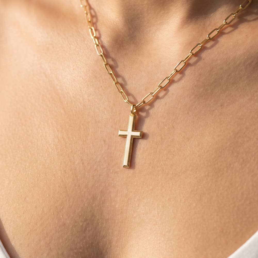Beveled Cross Pendant Paperclip Chain Necklace