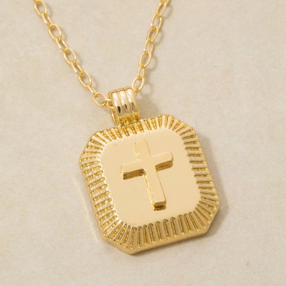 Gold Dipped Cross Square Medallion Pendant Necklace