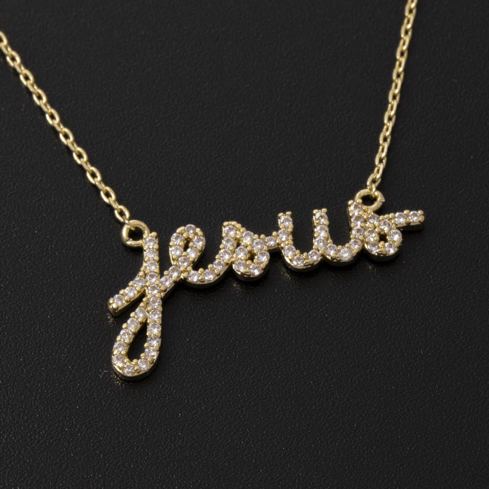 Gold Dipped Pave Cz Jesus Nameplate Necklace