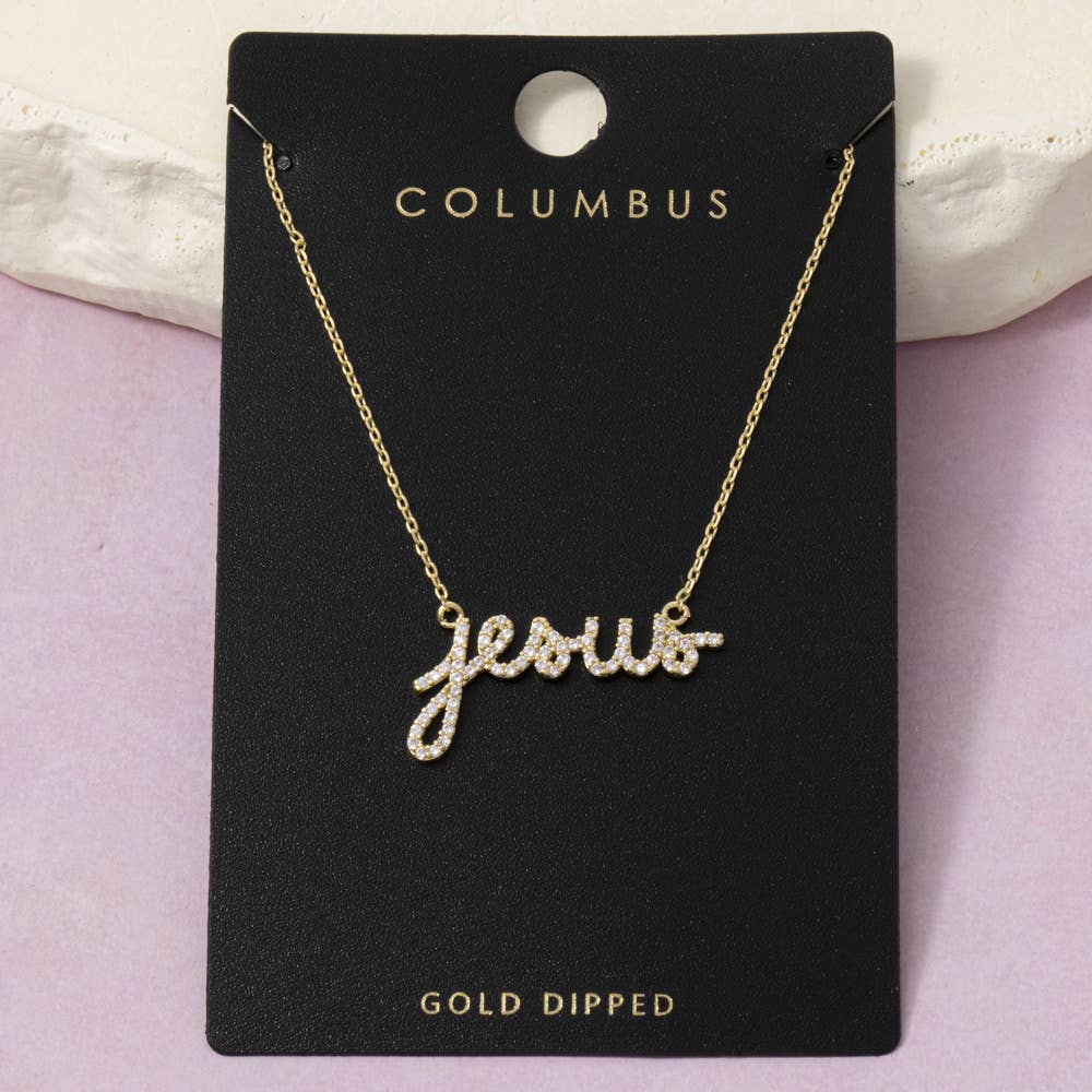 Gold Dipped Pave Cz Jesus Nameplate Necklace