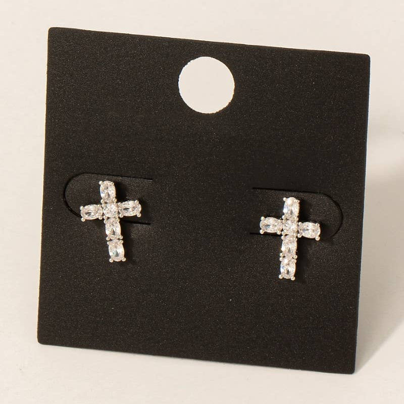 Gold Dipped Cz Studded Cross Stud Earrings