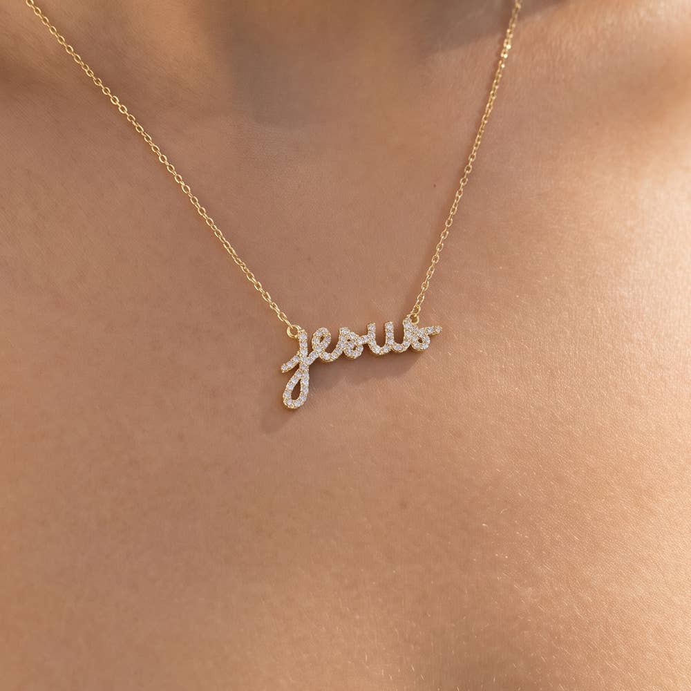 Gold Dipped Pave Cz Jesus Nameplate Necklace