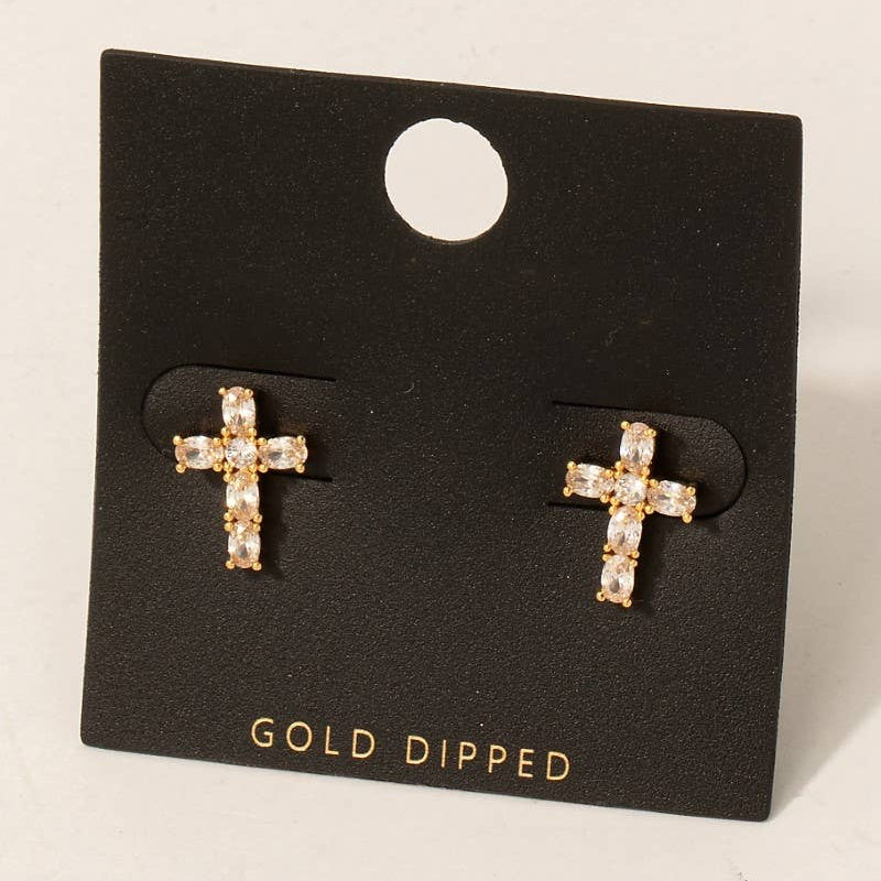 Gold Dipped Cz Studded Cross Stud Earrings