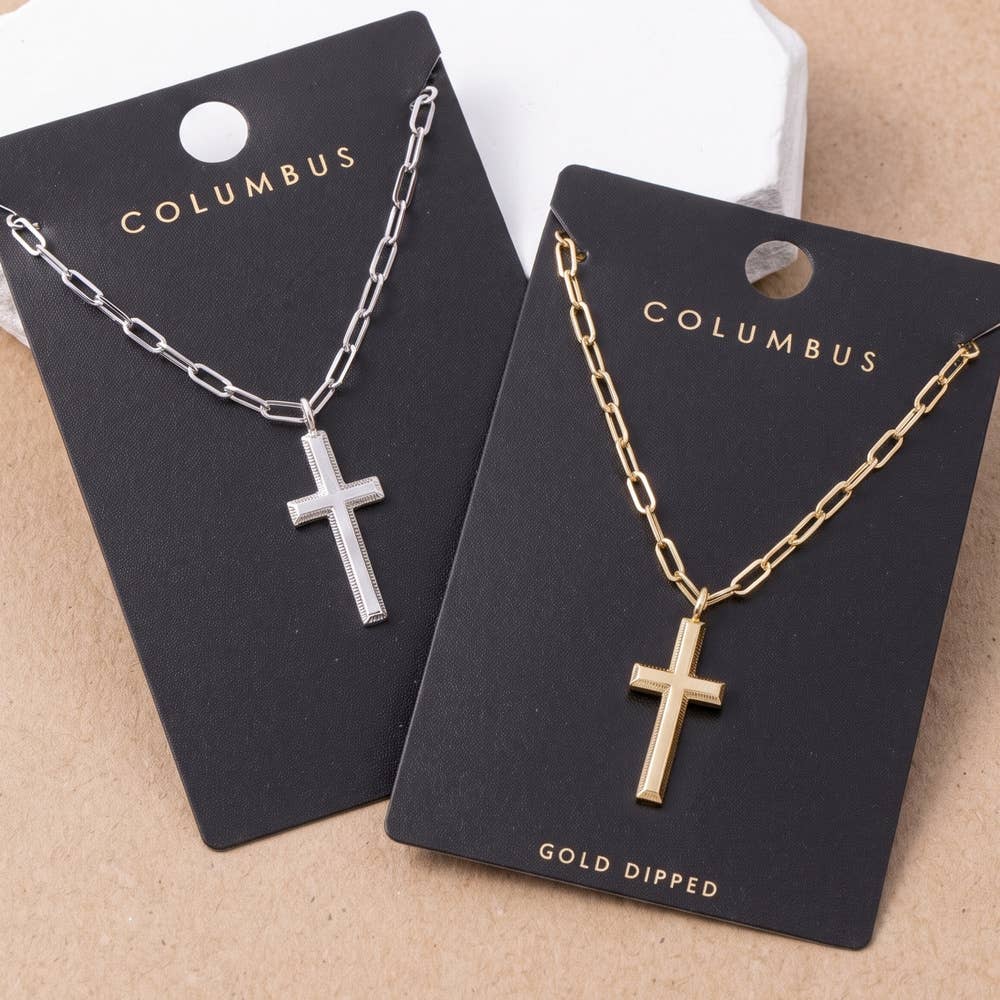 Beveled Cross Pendant Paperclip Chain Necklace