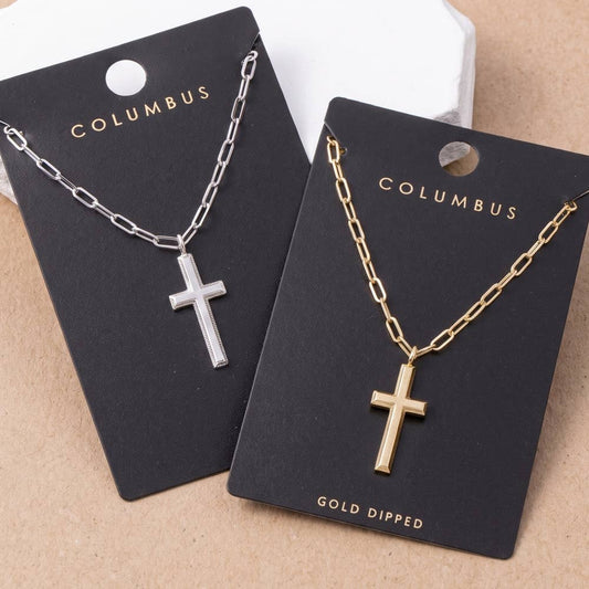 Beveled Cross Pendant Paperclip Chain Necklace