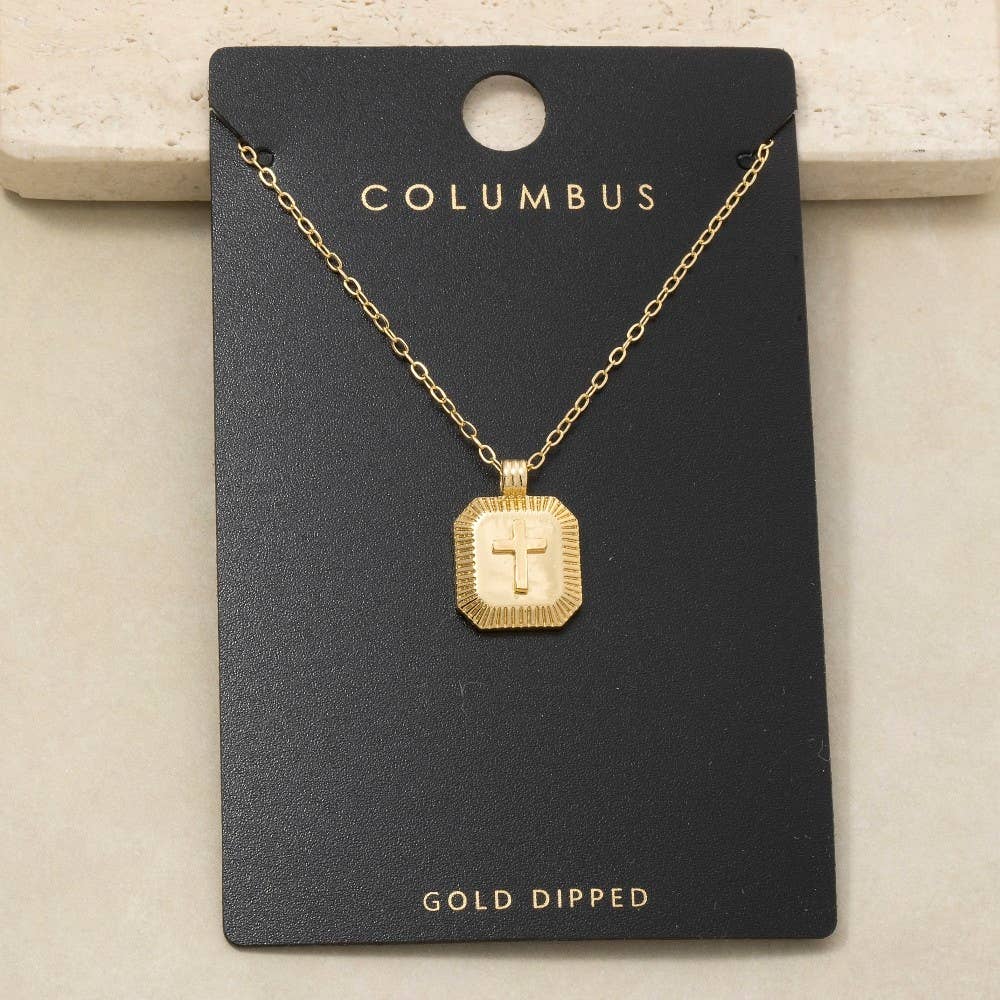 Gold Dipped Cross Square Medallion Pendant Necklace