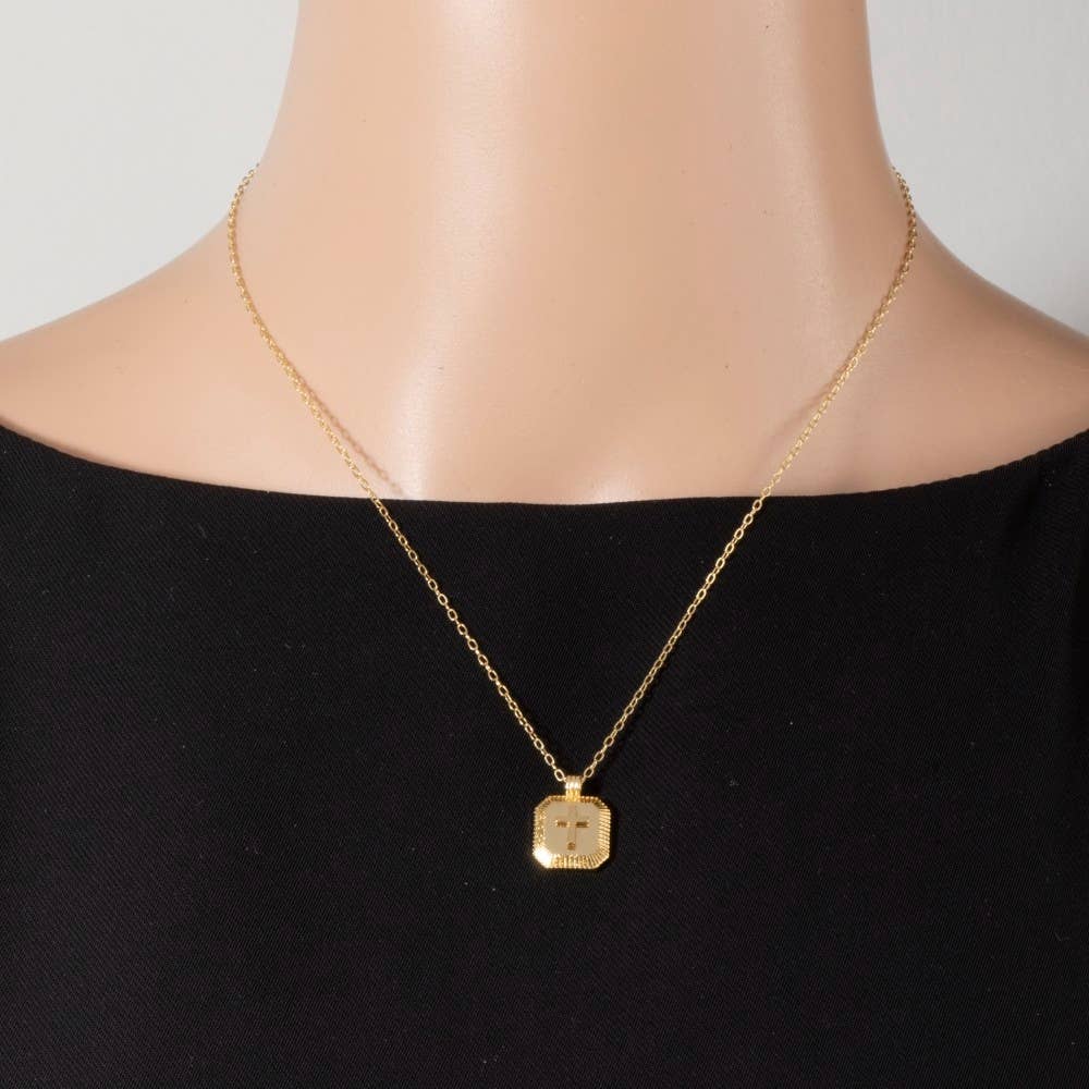 Gold Dipped Cross Square Medallion Pendant Necklace