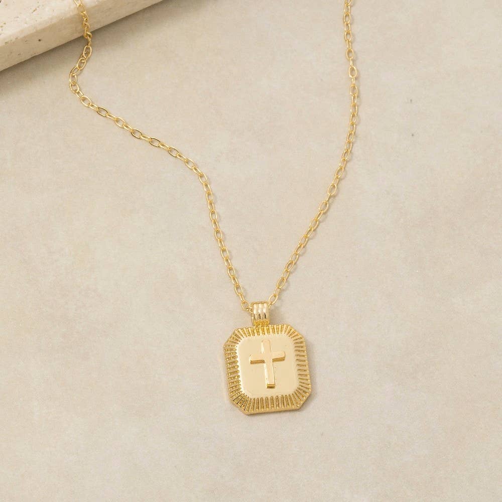 Gold Dipped Cross Square Medallion Pendant Necklace
