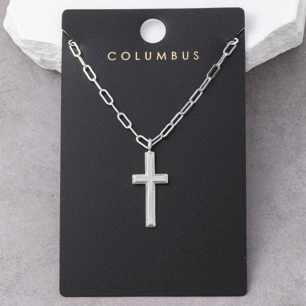 Beveled Cross Pendant Paperclip Chain Necklace
